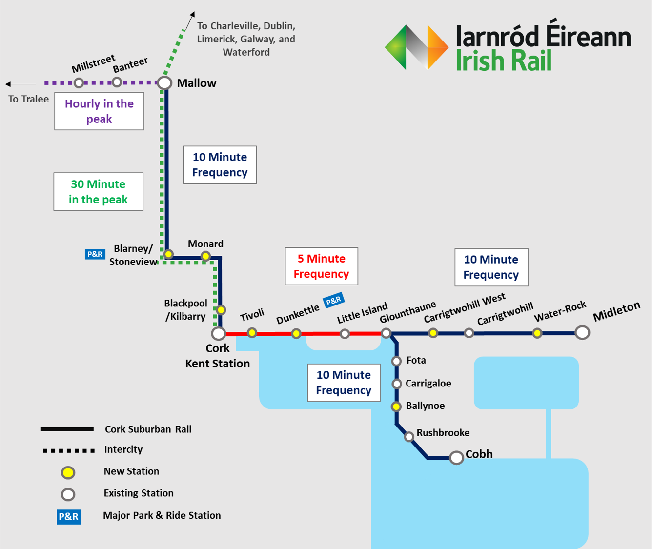 A map of the planned commuter rail network for the Cork metropolitan area.