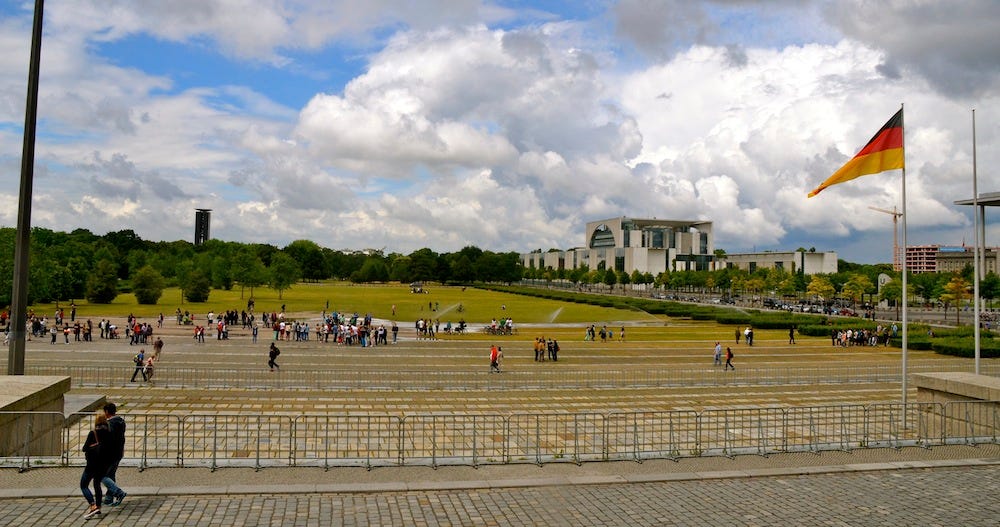 The clouds above made for a dramatic view of the large grounds in front of the Bundestag