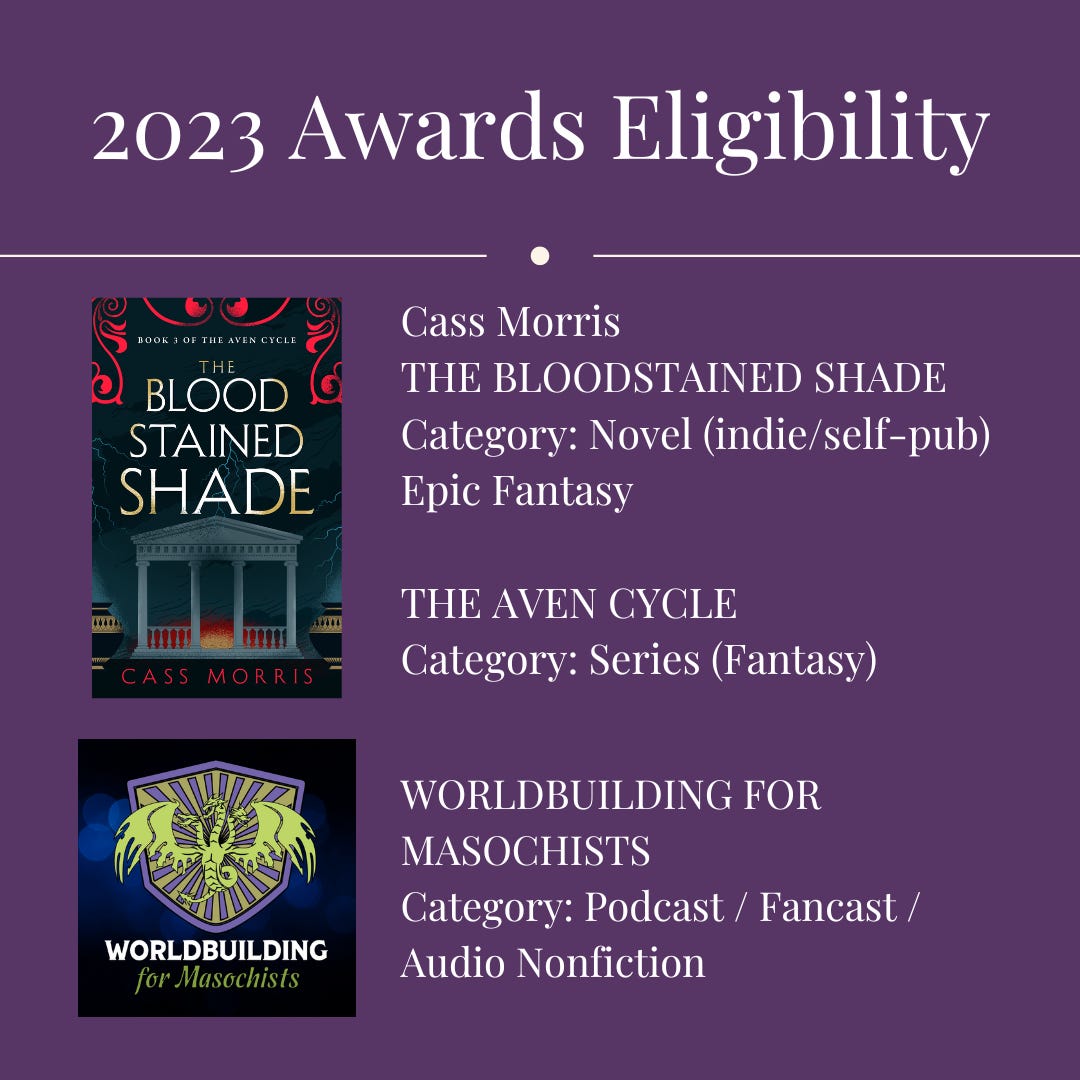 Awards eligibility for Cass Morris, The Bloodstained Shade, The Aven Cycle, Worldbuliding for Masochists