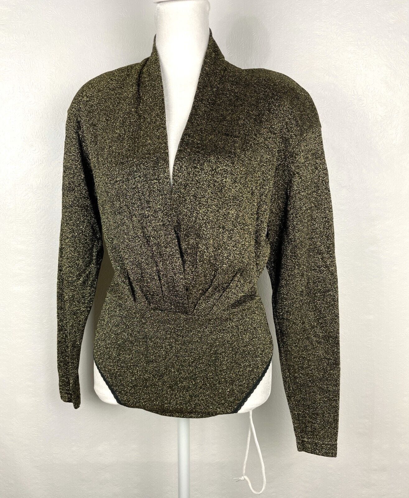 Vintage 80s 90s Ann Tjian for Kenar Gold Metallic Bodysuit Wrap Blouse Top Sz S - Picture 1 of 5