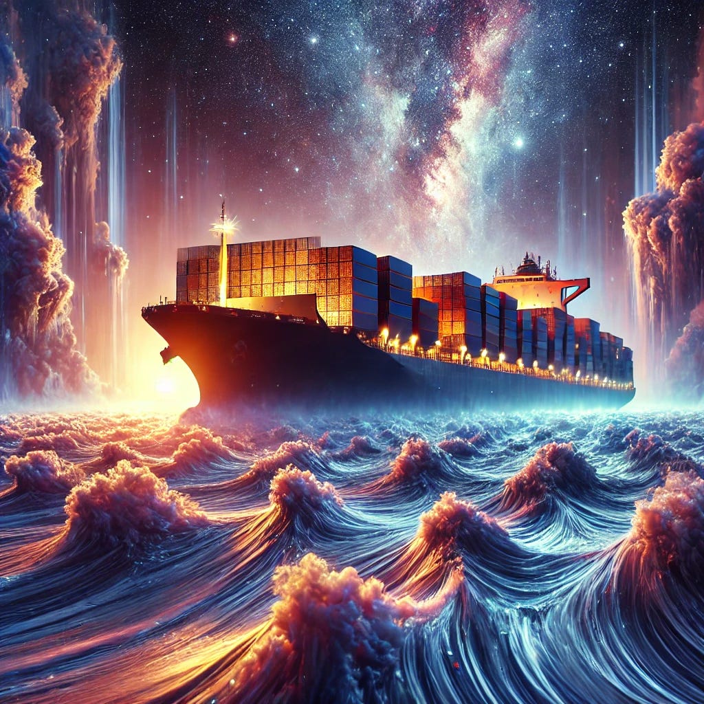 An awe-inspiring, hyper-detailed masterpiece of a containership, combining surrealism and cinematic grandeur. The colossal vessel sails through a dreamy ocean under a sky filled with celestial lights, blending deep blues, purples, and golds. The ship's containers emit an ethereal glow, resembling a futuristic maritime city. The waves, fluid and dynamic, appear almost sculpted by light, creating mesmerizing reflections. A misty, enigmatic coastline with towering cliffs looms in the distance, adding depth and mystery. The entire composition is breathtaking, with an interplay of shadow and light that makes every element feel alive—an ultimate masterpiece of maritime artistry.