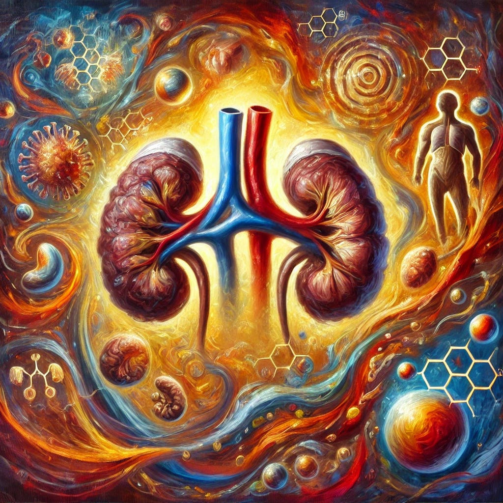 A vibrant oil painting depicting the human adrenal glands, styled in an artistic and conceptual way to represent their critical role in hormone production and stress response. The glands are surrounded by a swirling, dynamic interplay of colors such as deep reds, golds, and blues, symbolizing cortisol's influence on immune function, metabolism, and stress. Expressive brushstrokes evoke the complexity of the endocrine system, with interconnected shapes suggesting the hypothalamic-pituitary-adrenal axis. The background features abstract representations of the immune system and a glowing light, symbolizing health and balance. The overall mood is educational yet uplifting, emphasizing harmony and vitality.