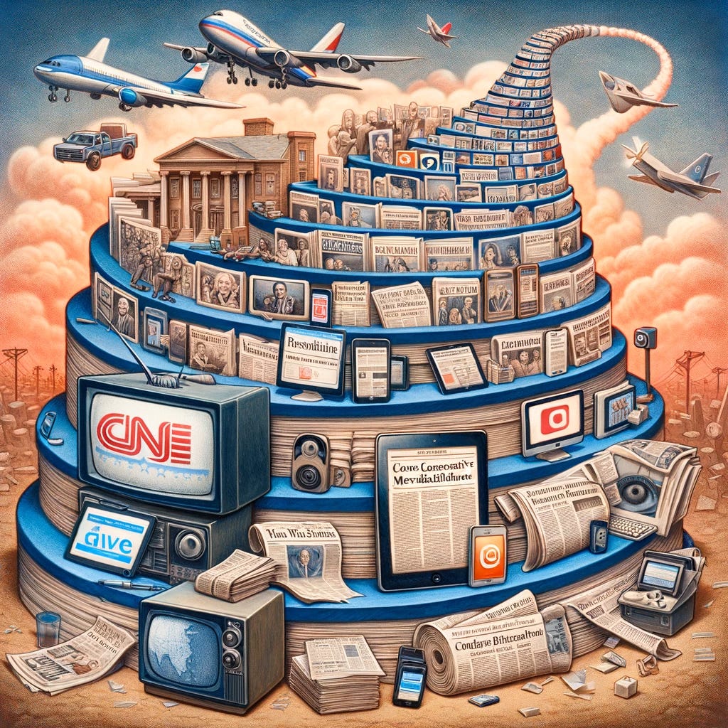 A conceptual illustration depicting the evolution of conservative media influence in the United States. The scene shows a timeline that starts with traditional media sources like a generic television network and print publications, symbolized by stacked newspapers. As the timeline progresses, it transitions to the digital age with images of blogs, podcasts, and social media platforms, symbolized by computers and smartphones. The overall scene conveys the shift from controlled traditional media to a more decentralized digital media landscape.