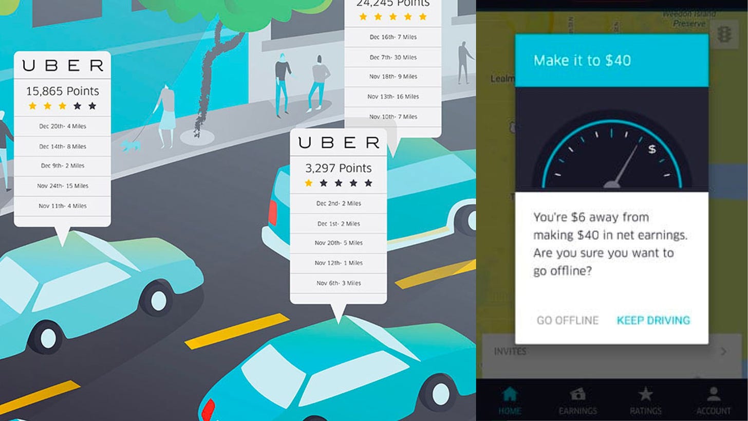 cars driving with uber ratings above them showing how it's a gamified app