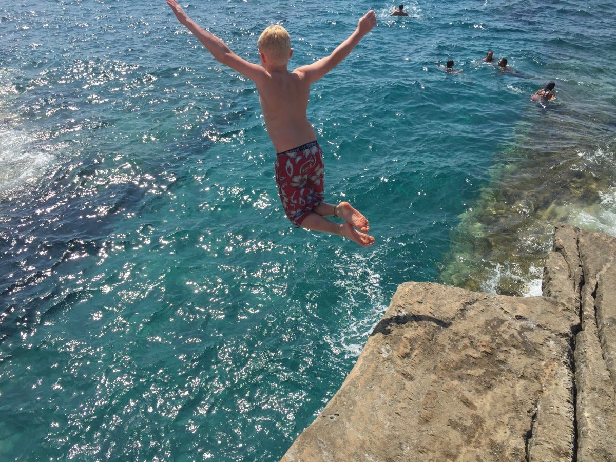 sea, coast, water, rock, ocean, boy, fly, jump, vacation, jumping, diving, cliff, high, blue, freedom, extreme sport, swimming, sports, courage, boating, greece, blond, water sport