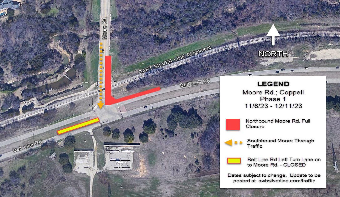 An aerial map of Moore Road in Coppell indicating lane closures for DART's Silver Line