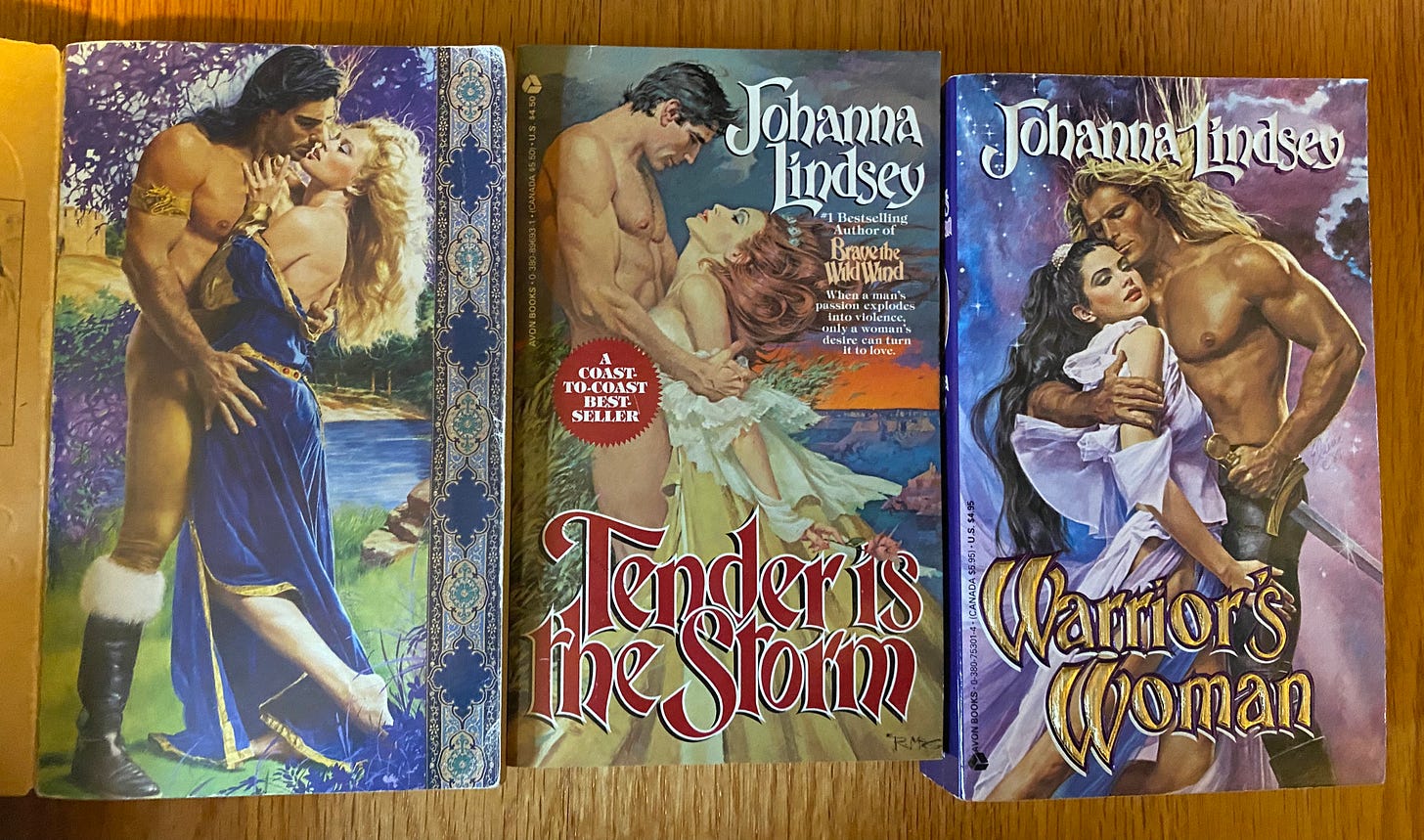 Photo of 3 Johanna Lindsey novels featuring different historical periods, including the future!