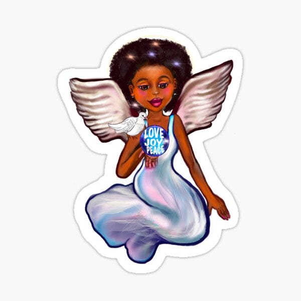 Angel with dove love joy and peace - Black angel of peace ! With glow, Afro  hair, green eyes, Cherry pink lips and dark brown skin. Hair love !"  Sticker for Sale