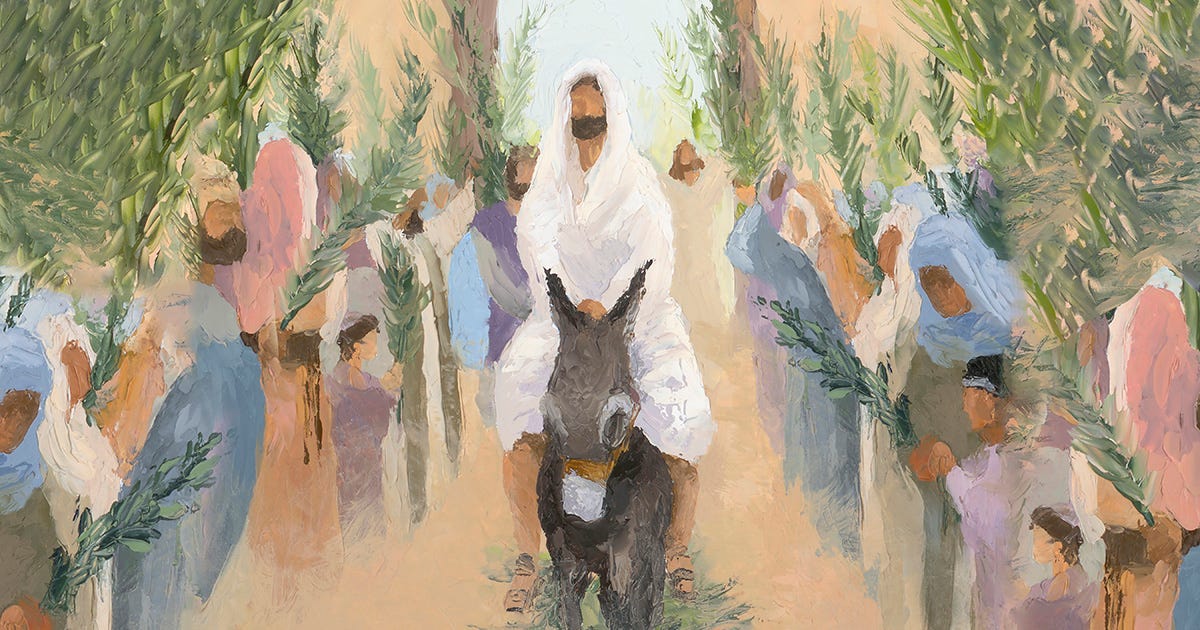 An impressionistic painting of Jesus's entry into Jerusalem. He is on a donkey as people wave palms.