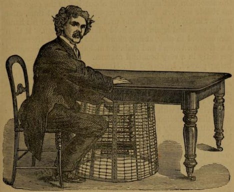 Engraving of Daniel Dunglas Home, wearing a suit, seated at a table with an accordion in a wire cage underneath