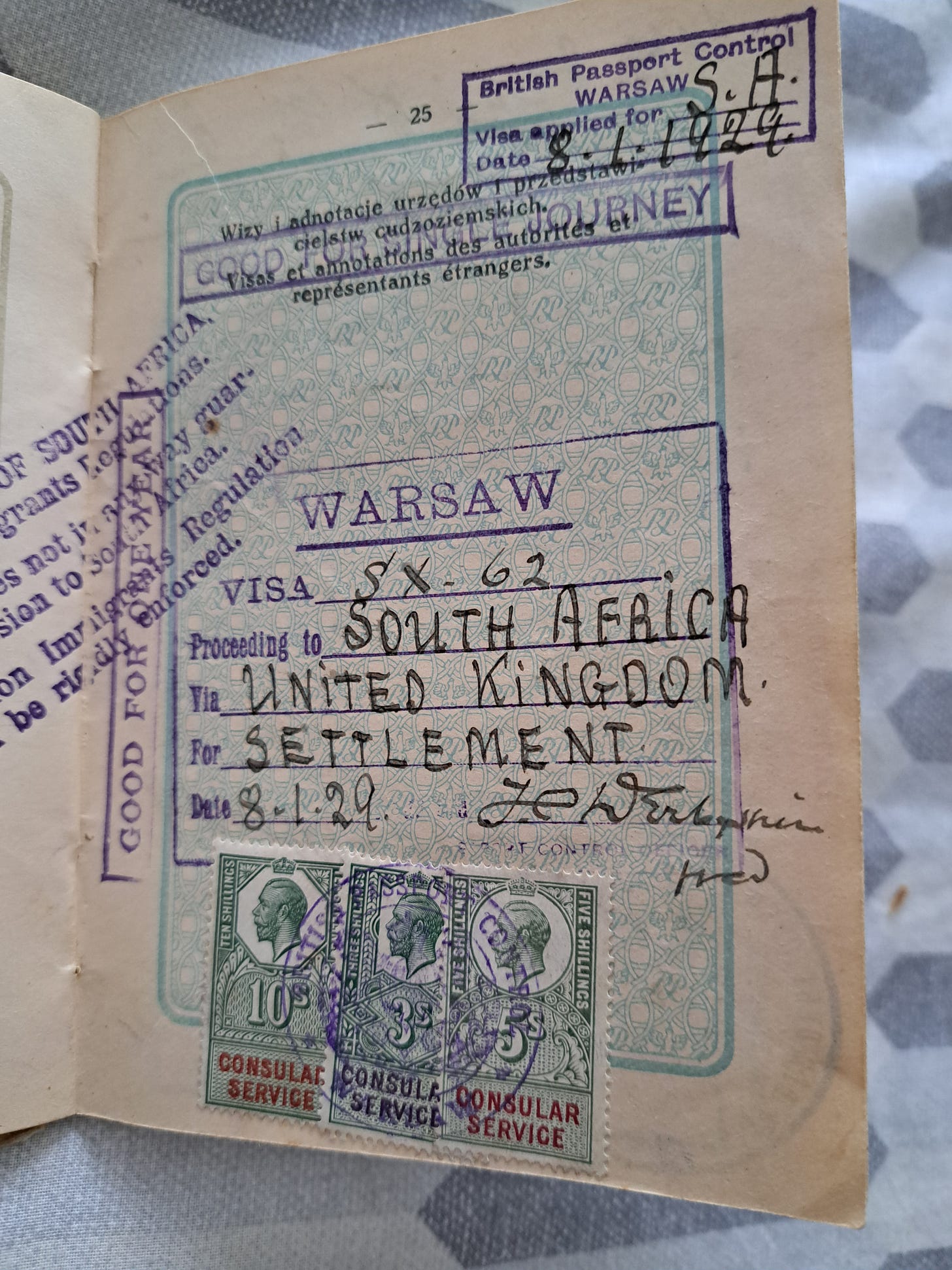 My grandfather's visa for settlement in South Africa