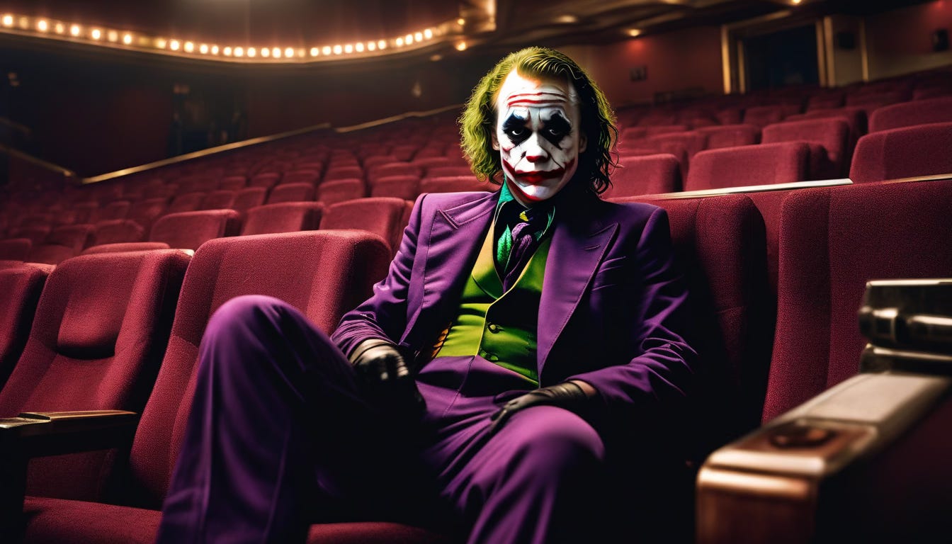 La imagen muestra al Joker, el icónico villano de DC, sentado relajadamente en una butaca de cine vacío. Lleva su característico traje morado con chaleco verde y camisa negra, con el rostro maquillado de blanco, labios rojos y cabello verde. La iluminación tenue y el entorno vacío crean una atmósfera inquietante, acentuada por las luces cálidas del techo del cine que brillan en el fondo.
