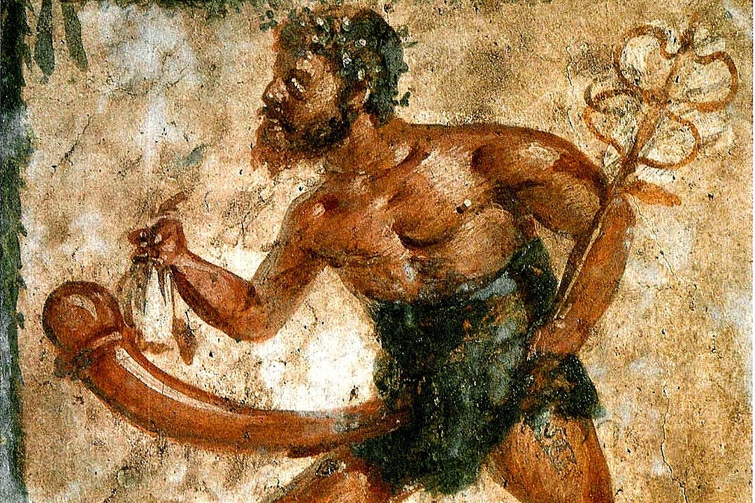 ancient fresco of a man with a giant erect penis