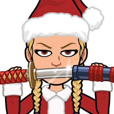 Bitmoji of the author in a Santa suit, unsheathing a sword beneath her glaring eyes.