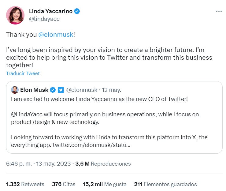 Tuit de Linda Yaccarino en el que agradece a Elon Musk el haber sido elegida como nueva CEO de Twitter.