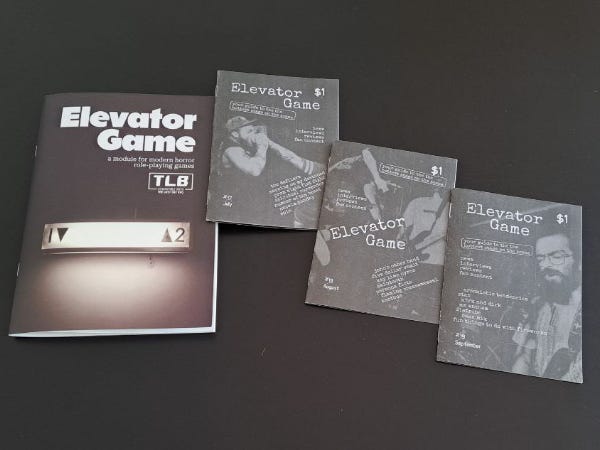 Photo of Elevator Game and its accompanying three mini-zines.