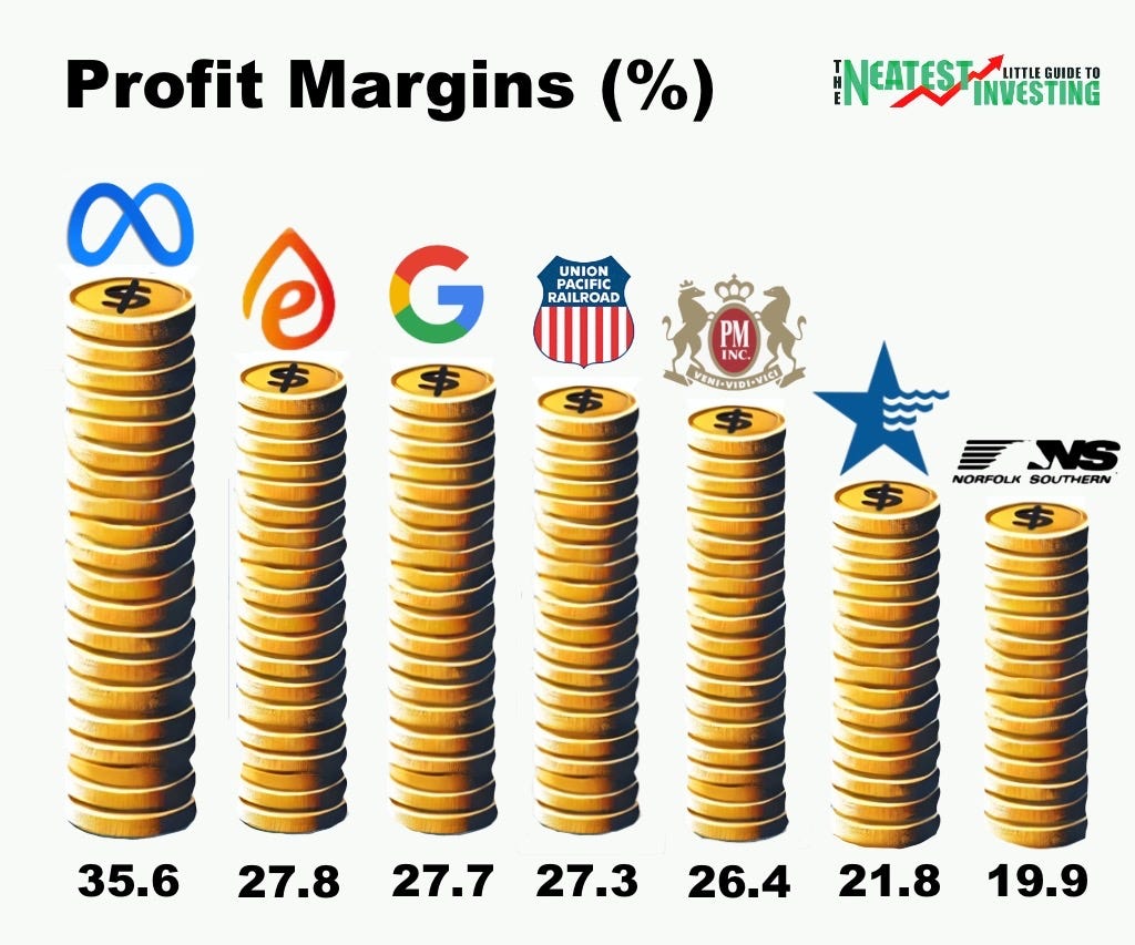 Stacks of coins representing profit margins at companies such as Meta, Google, and Philip Morris.