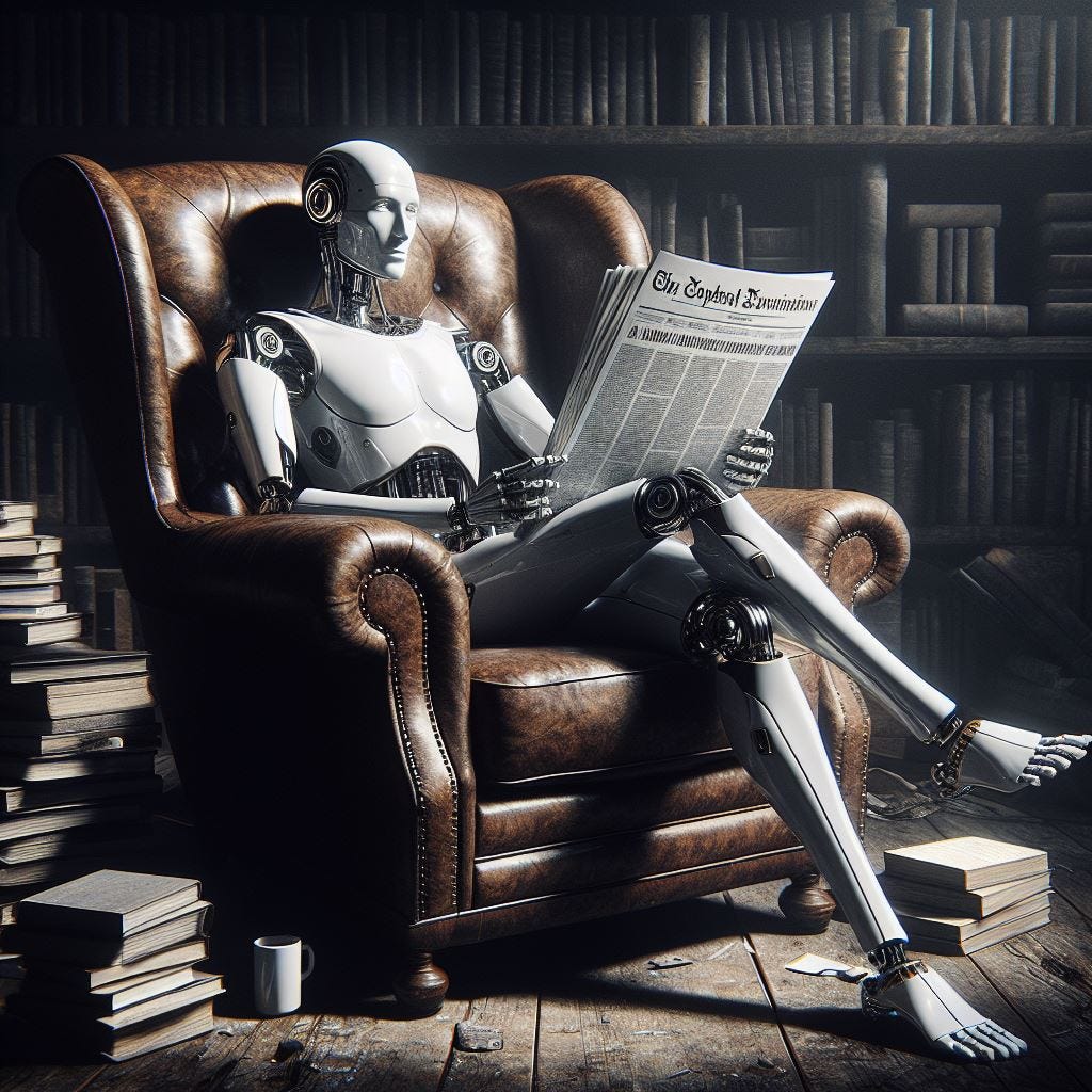 An artificial intelligence lounging in a big, comfortable old leather chair, casually reading a broadsheet newspaper, surrounded by books, black and white, digital art