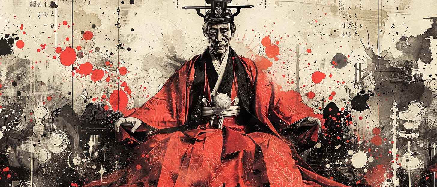 This artwork combines traditional Japanese elements with modern graphic design to create a striking portrait of a dignified man in samurai attire, set against a backdrop splattered with ink and vibrant red accents, symbolizing both the historical and cultural depth of Japan.