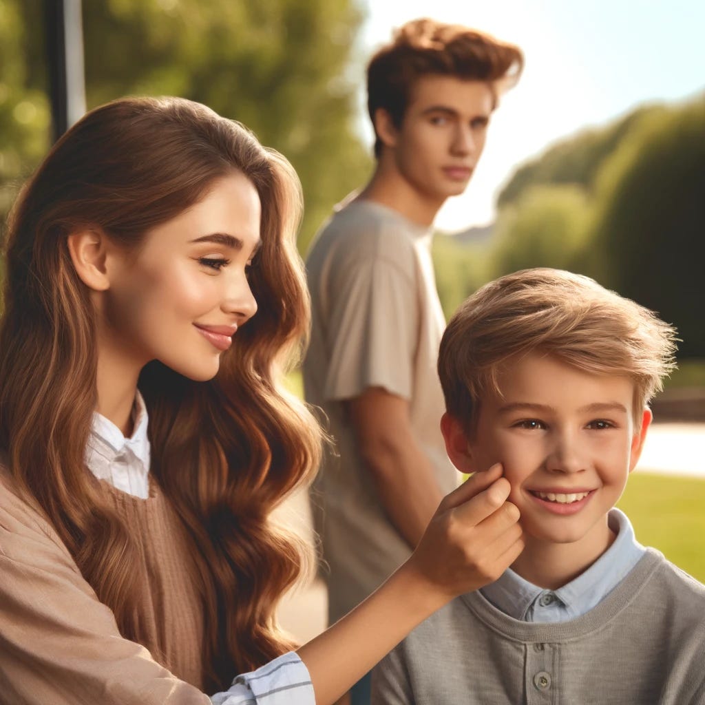 A pretty teenage girl with long, flowing hair pinching the cheek of a 10-year-old boy with short hair and a surprised expression. She is smiling affectionately at him. Nearby, a teenage boy with a casual hairstyle, wearing a t-shirt and jeans, leans against a wall observing her with an admiring look. The setting is a sunny park with green trees and a clear blue sky in the background.