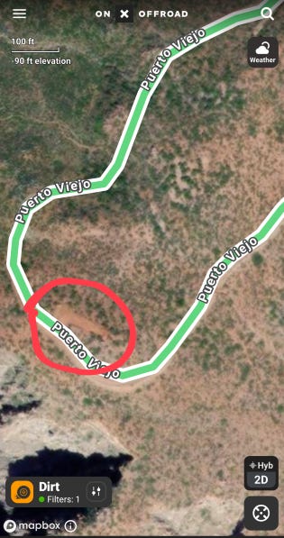 a zoomed in version of the previous map, this one showing a bare patch of brown dirt at the end of the Puerto Viejo loop