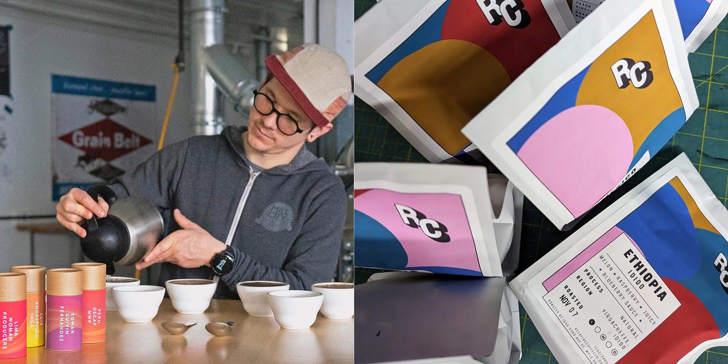 Left: A man pours coffee from a pot in to a half dozen white bowls. Right: An overhead view of colorful coffee bags scattered on a table.