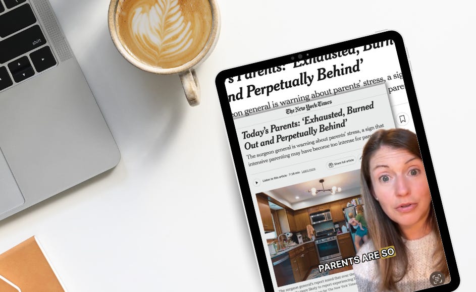 desk with a laptop and cup of coffee and an ipad. On the ipad screen is an image. The image shows a combination of a news article and Amy Julia addressing the camera in a split-screen format. The upper part displays a New York Times headline titled "Today's Parents: 'Exhausted, Burned Out and Perpetually Behind'" with a brief summary: "The surgeon general is warning about parents' stress, a sign that intensive parenting may have become too intense for parents.”