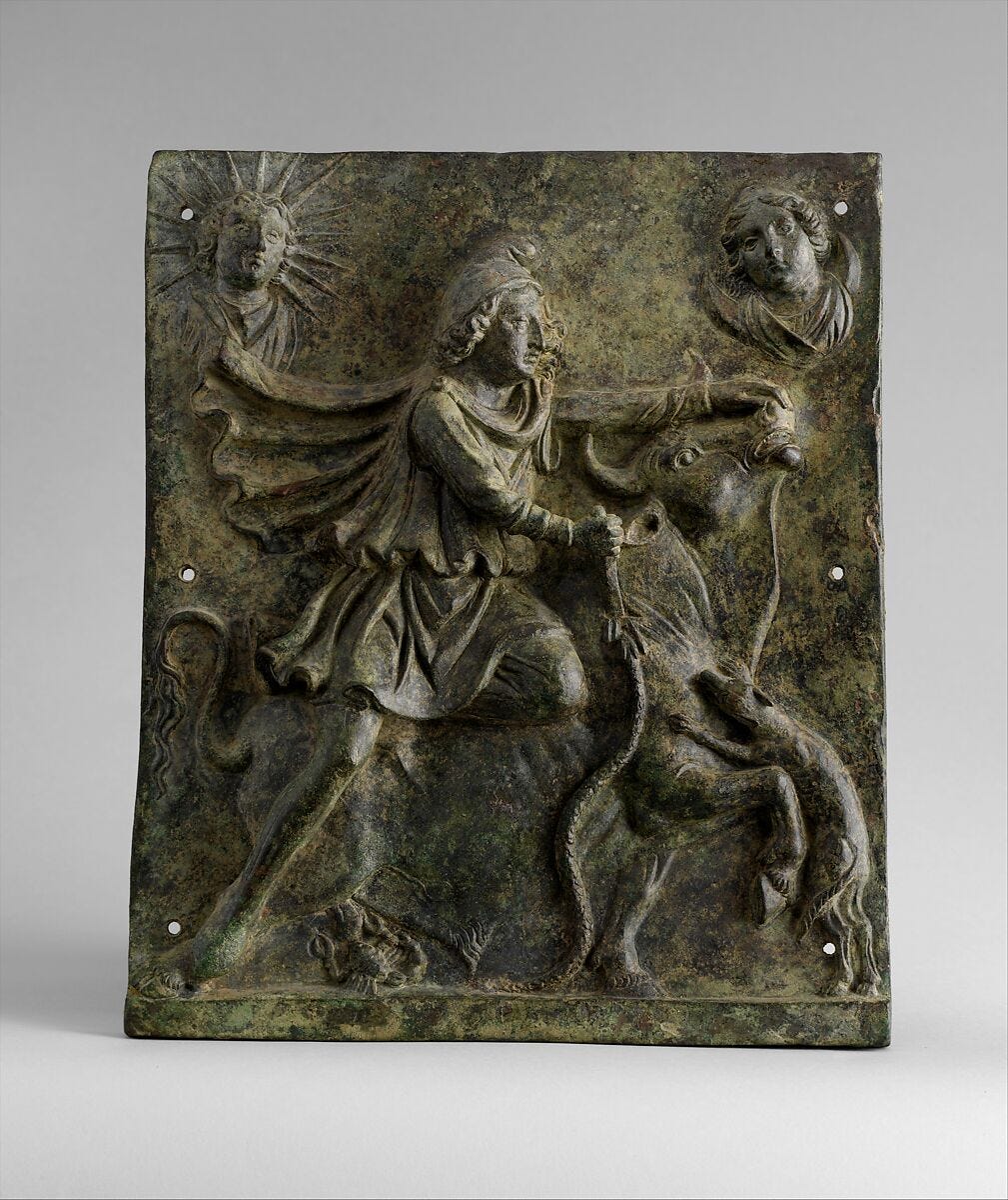 Bronze plaque of Mithras slaying the bull, Bronze, Roman 