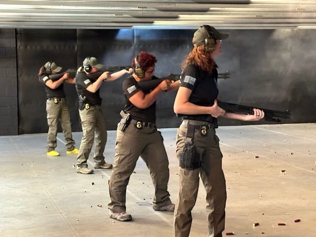 Shotgun training from the “10-yard line - standing & moving.” Agents in this training exercise must move forward towards target while continuing to shoot their service weapon.  