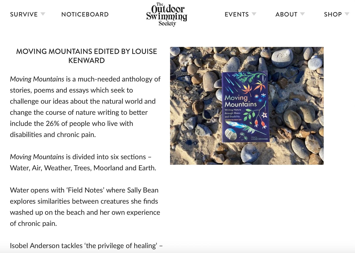 screen shot of The Outdoor Swimming Society webpage highlighting Moving Mountains as one of their books of 2023. A page of white background with dark grey text and a small image of the book cover on a background of a pebble and sand beach.