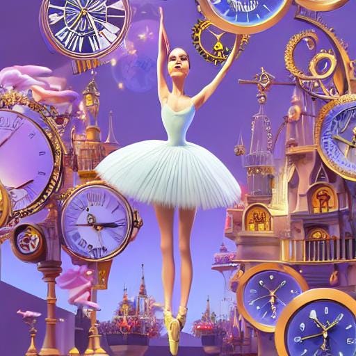 A cartoon of a ballerina surrounded by clocks
