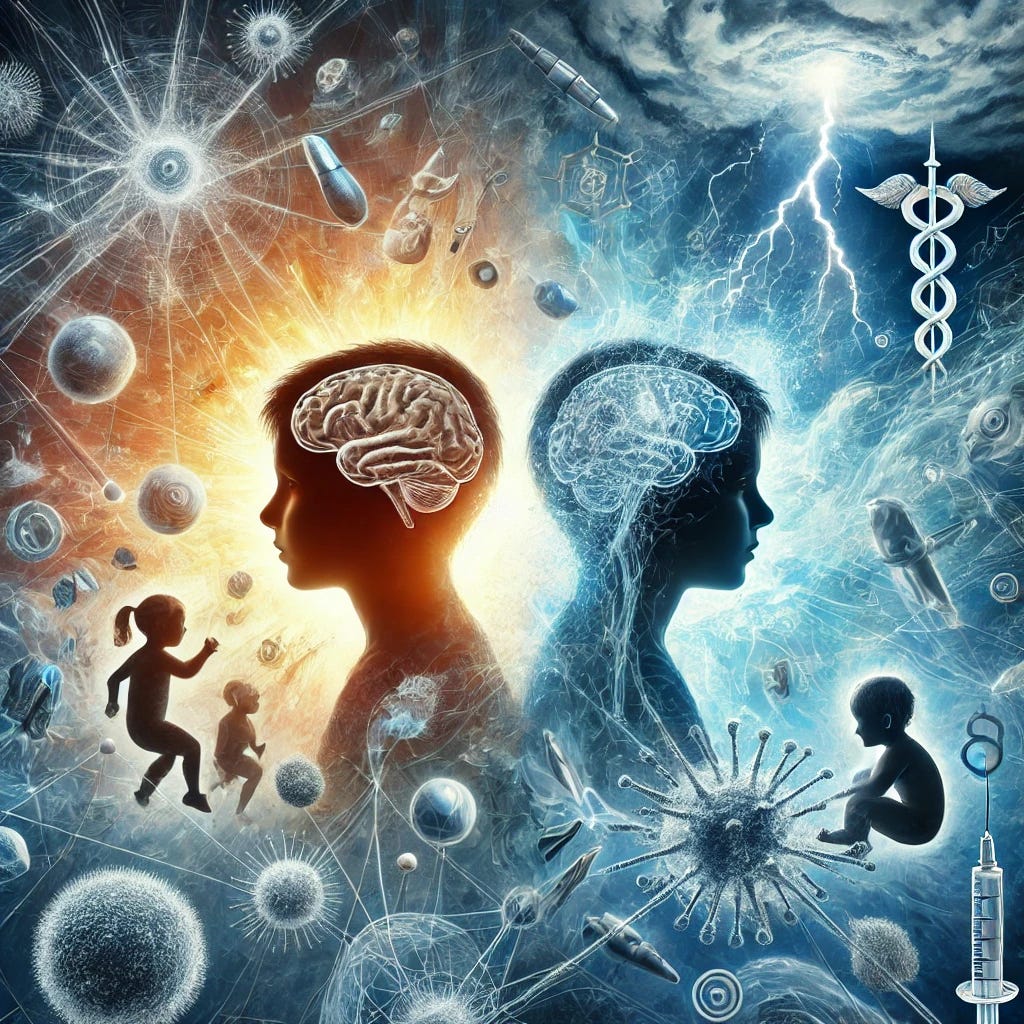 A conceptual visual representation of increased autism risk linked to childhood vaccination. Show two silhouettes of children: one surrounded by bright, healthy elements and the other surrounded by abstract symbols of neurological distress (e.g., tangled neural pathways, storm-like imagery around the brain). The contrast should be clear and impactful, with a scientific and medical feel. No text.