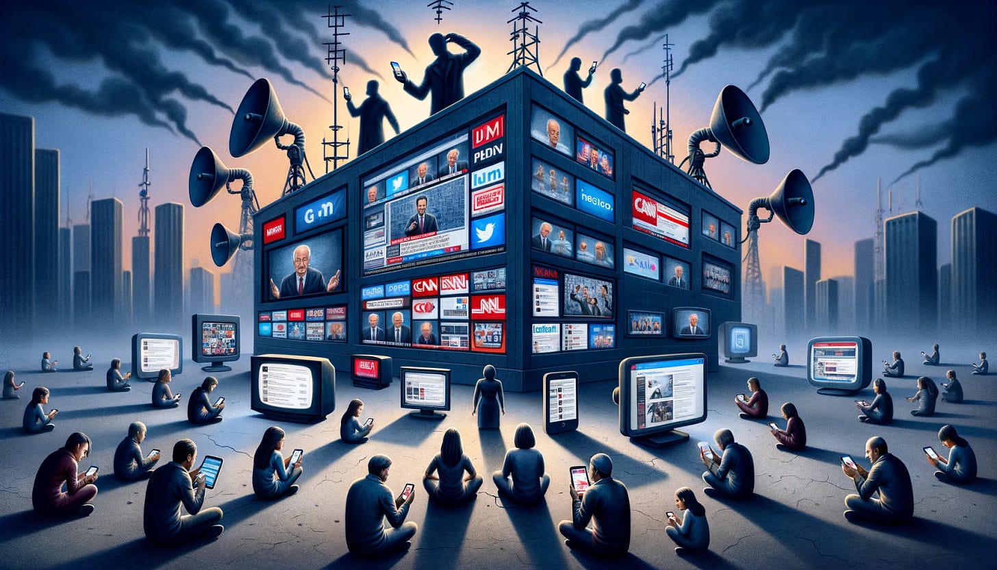 A scene depicting the influence of media and information in modern society. In the foreground, people are shown consuming media through various devices such as smartphones, tablets, and televisions. Each device displays different news channels and social media platforms, some with obvious biases. Behind these individuals, shadowy figures manipulate the content on the screens, symbolizing the control over information. The backdrop includes a large media building with antennas and satellite dishes. The overall atmosphere highlights the challenges of misinformation, media bias, and the struggle to find trustworthy information.