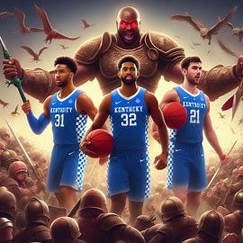 Three University of Kentucky basketball players conquering a horde of enemies in battle. Image 3 of 3
