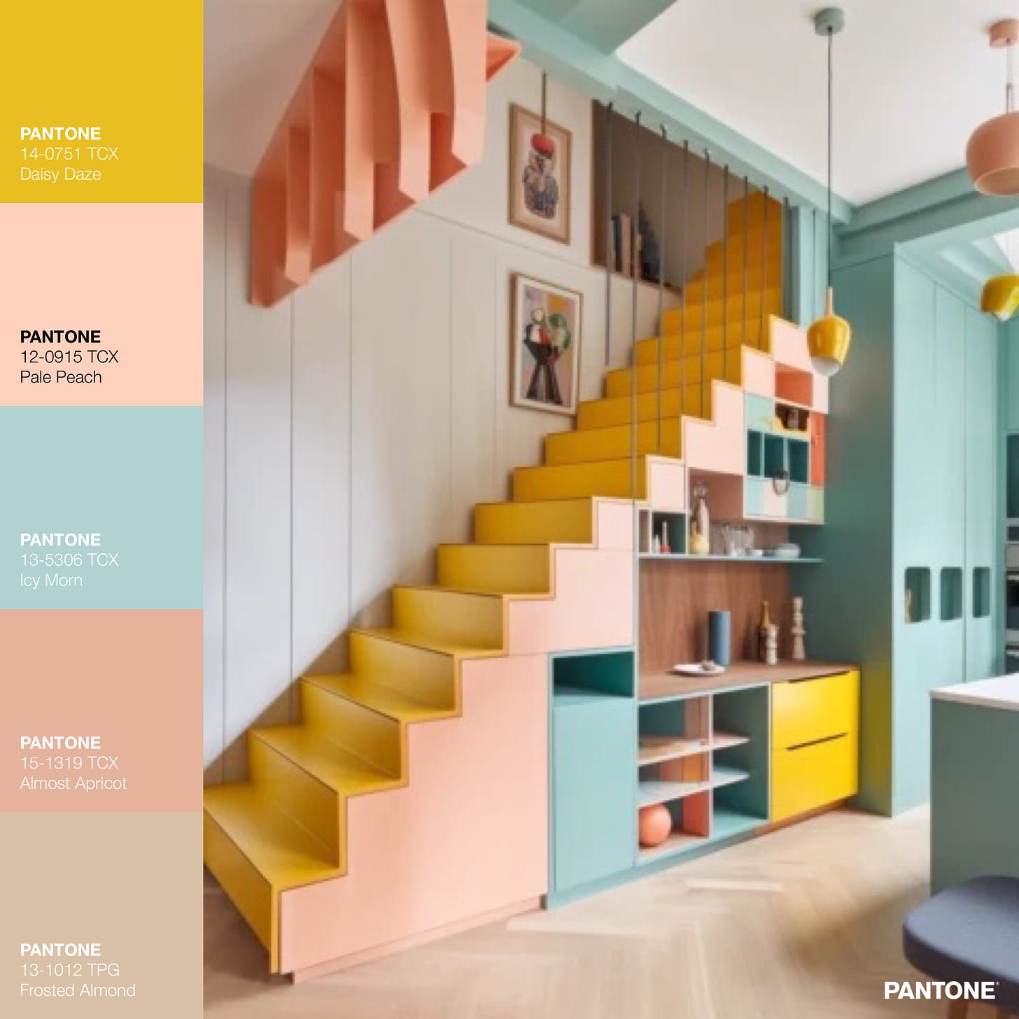 Pastel cheery staircase and storage area, yellow and other pastels