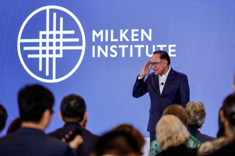 Prime Minister Datuk Seri Anwar Ibrahim speaking at the Milken Institute Asia Summit 2023 in Singapore during the special session, titled “A Conversation with Prime Minister of Malaysia”. -BERNAMA PIC