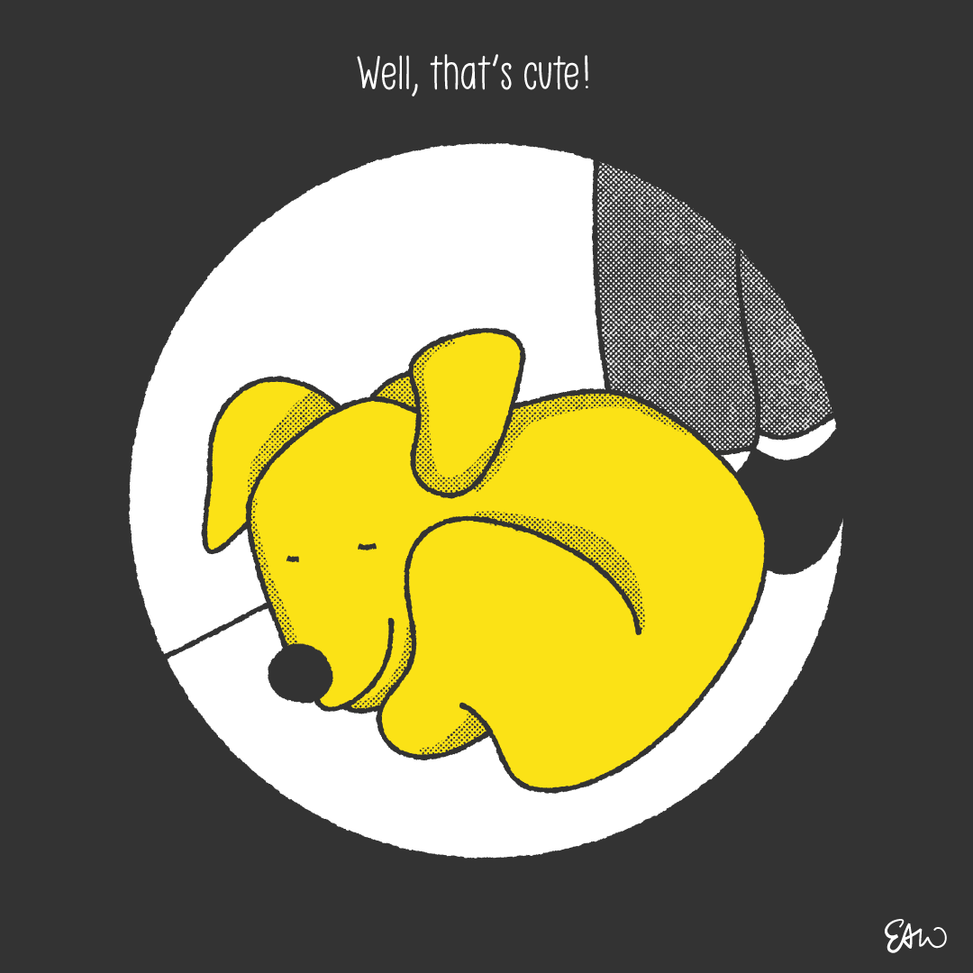 Illustration of a cute golden puppy dog sleeping, framed within a circle suggested the view from a telescope.