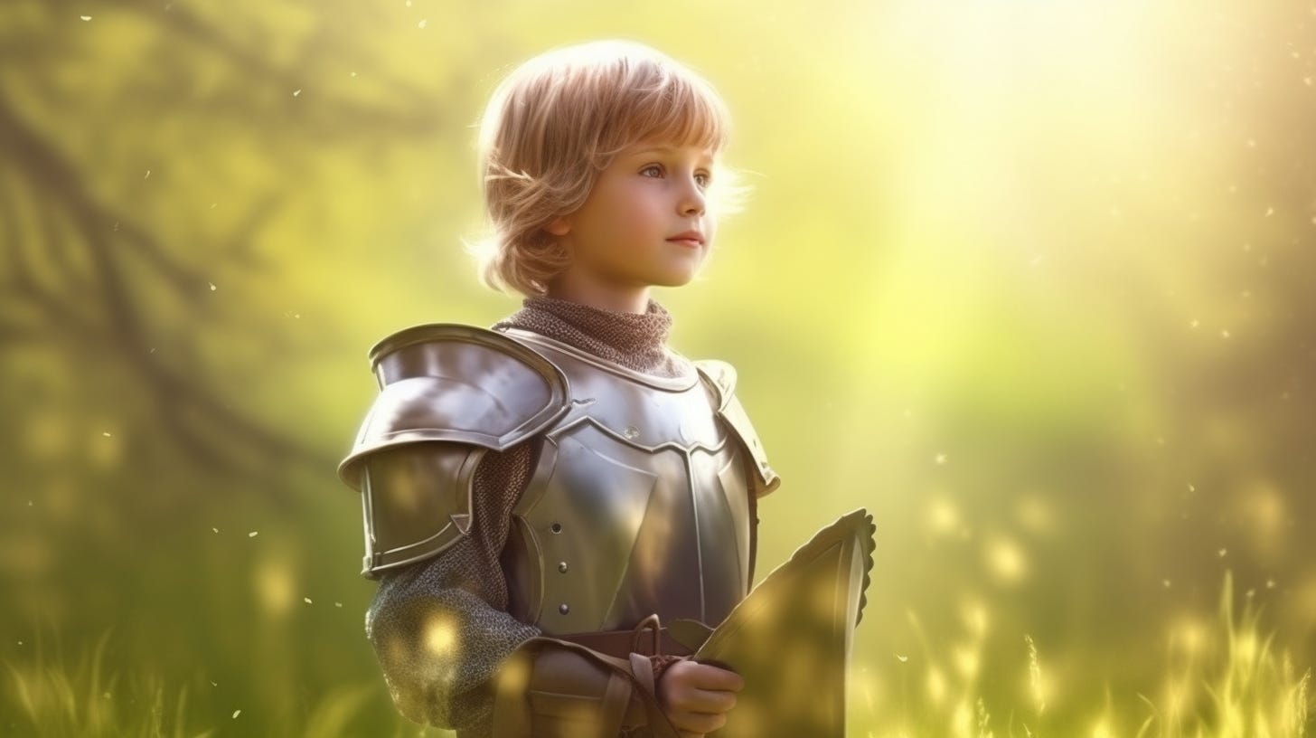 Image of a boy wearing armor in a meadow.