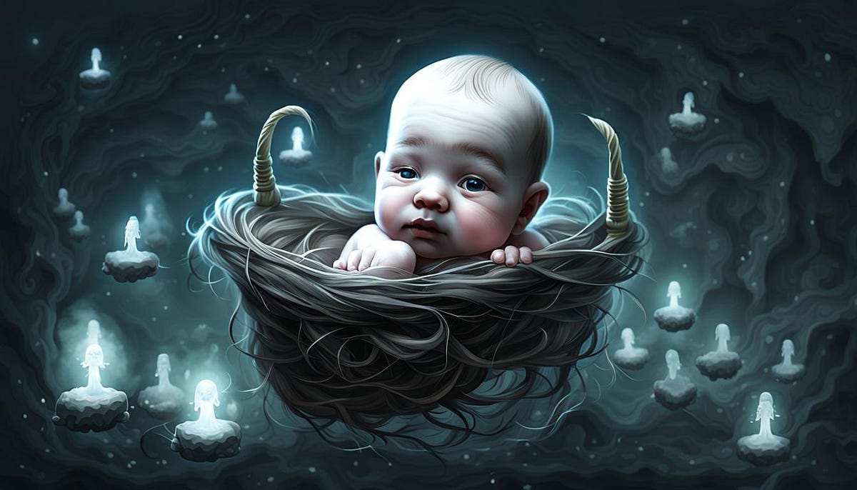 new born baby in ghostly form, in basket