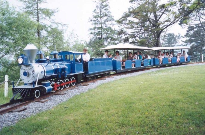 A blue train carries visitors around a park