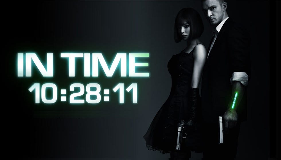 a promotional still from the 2011 movie "IN TIME" starring Justin Timberlake