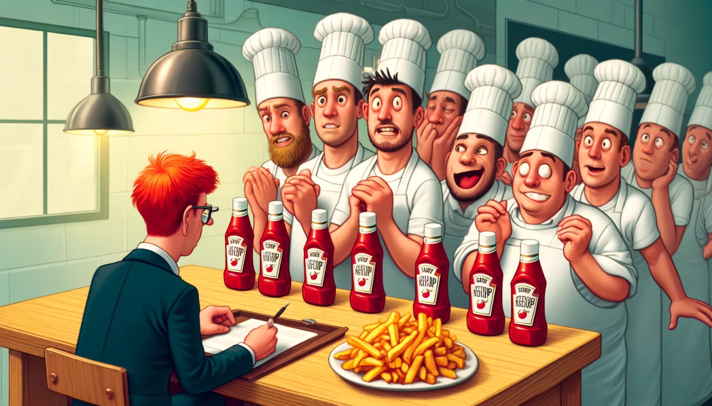 A line of ketchup chefs queuing up to offer their best samples, each looking more nervous and begging, holding their prized ketchup bottles. The judge, a red-haired yuppie, is sitting at a table with a tray of fries, smugly rejecting one sample after another. The scene is lively and humorous, with the chefs looking desperate and anxious. The background features a kitchen setting with ketchup bottles and cooking utensils.