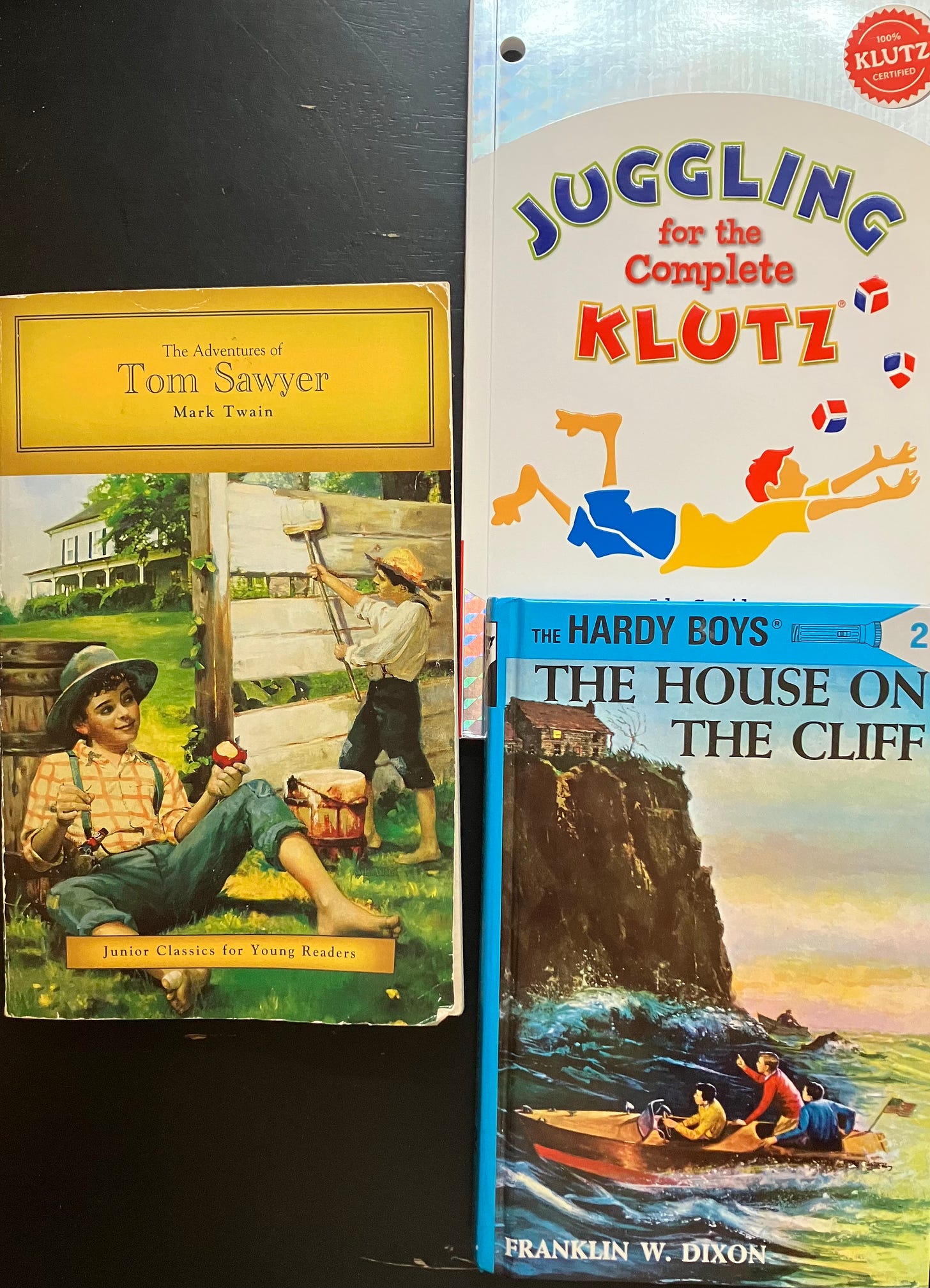Tom Sawyer, Mark Twain, Juggling for the Complete KLUTZ, and Hardy Boys, The House on the Cliff