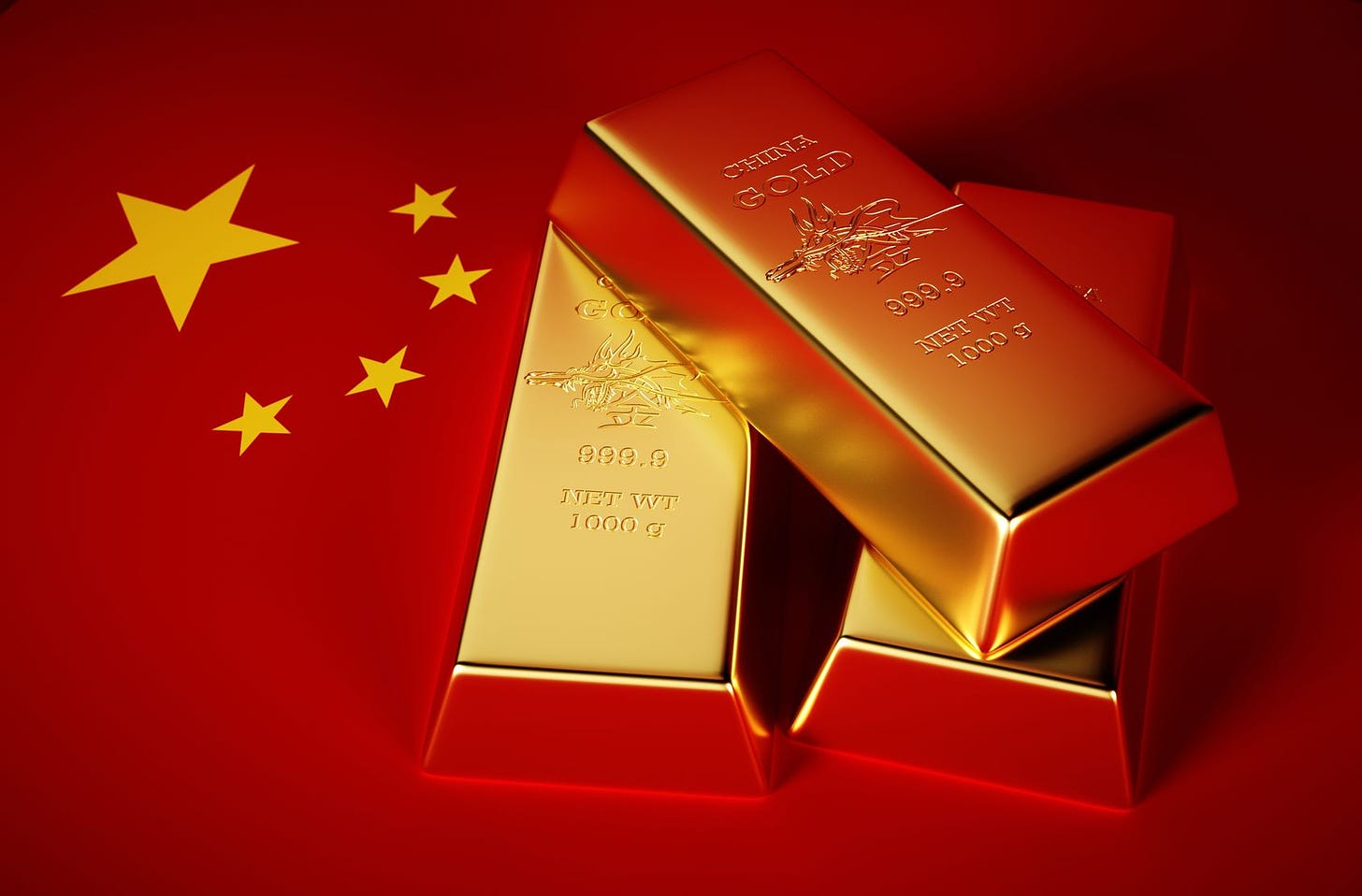 gold bars on top of flag of china