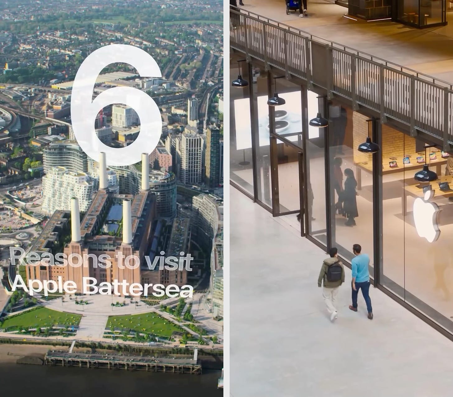 Two screenshots from an Instagram Reel promoting Apple Battersea. The left image is an aerial shot of Battersea Power Station. The right image is an exterior shot of the Apple Store.