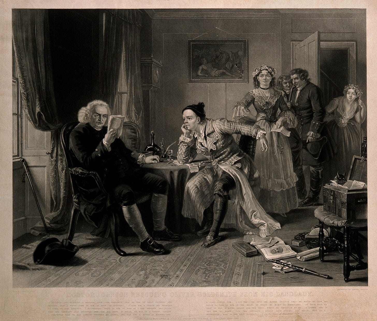 Dr Samuel Johnson reading the manuscript of Oliver Goldsmith's 'The vicar  of Wakefield', while a bailiff waits with the landlady. Mezzotint by S.  Bellin, 1845, after E.M. Ward. | Wellcome Collection