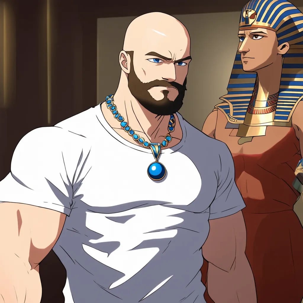 Bald muscular man with blue orb necklace standing in front of egyptian statue 
