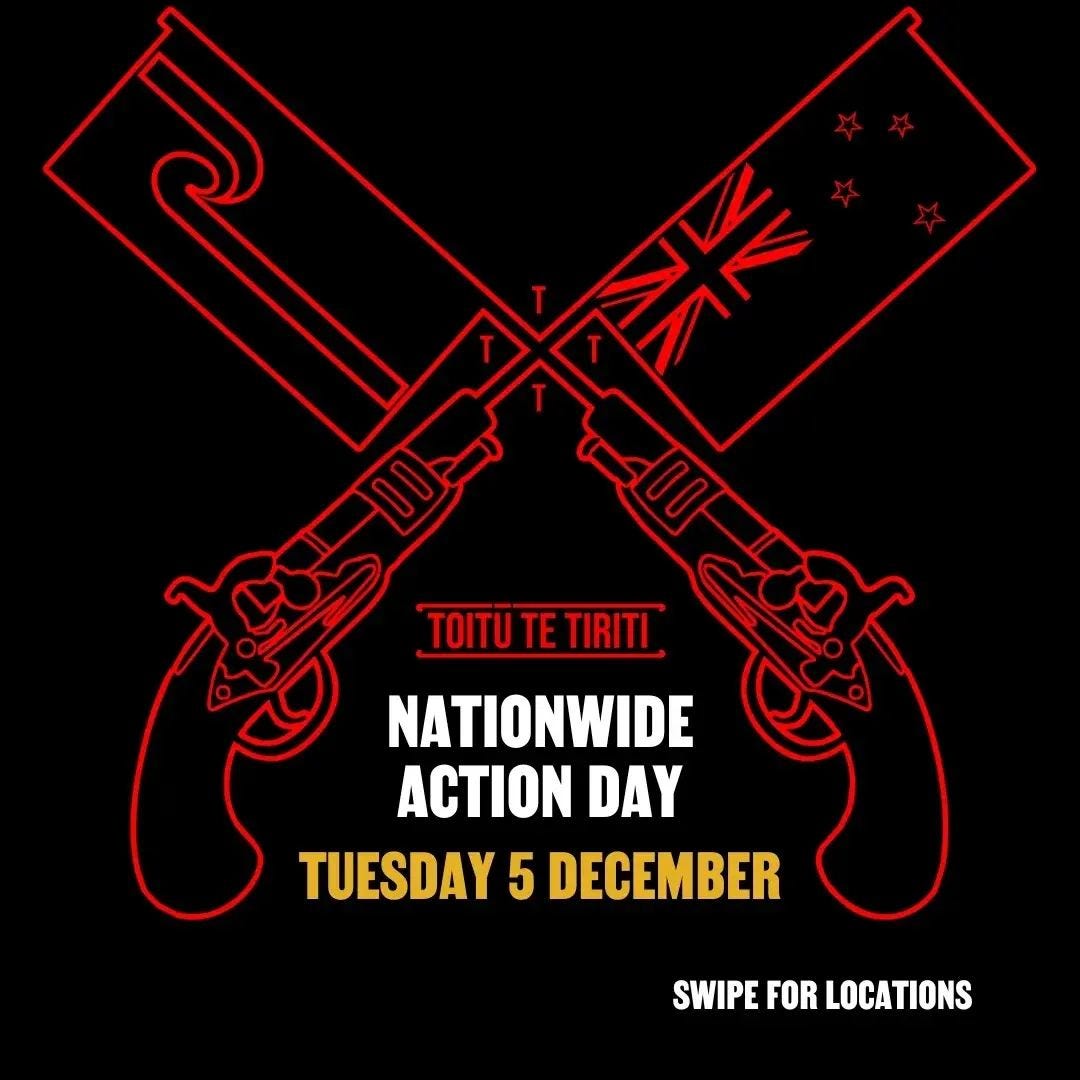 May be a doodle of text that says 'TOITUTE TIRITI NATIONWIDE ACTION DAY TUESDAY 5 DECEMBER SWIPE FOR LOCATIONS'