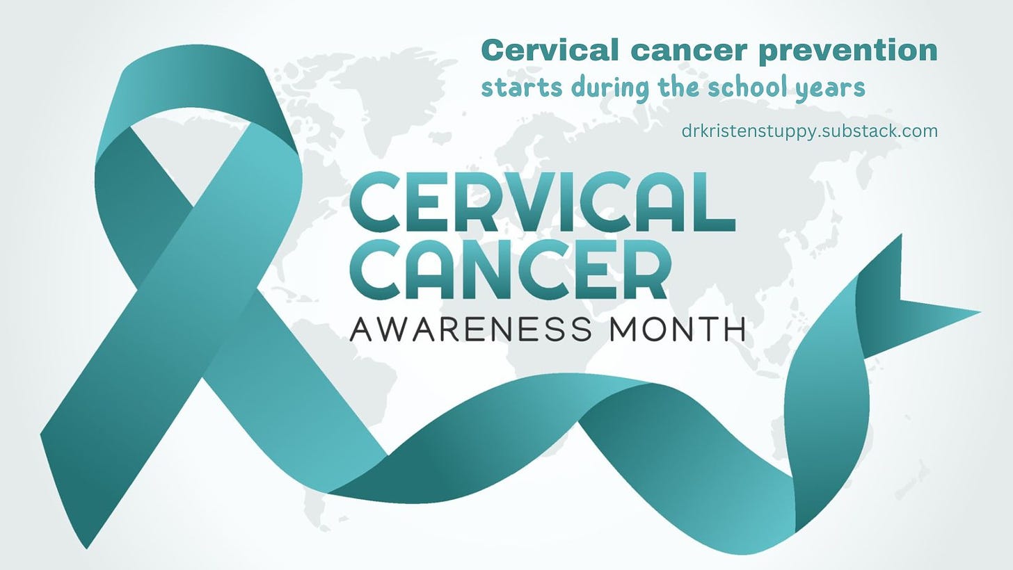 This is an image on a grey background with the title: Cervical cancer prevention starts during the school years with the URL drkristenstuppy dot substack dot com as a subheading. Large teal title says  CERVICAL CANCER AWARENESS MONTH and there is a teal ribbon overlying a shadow image of the world map. 