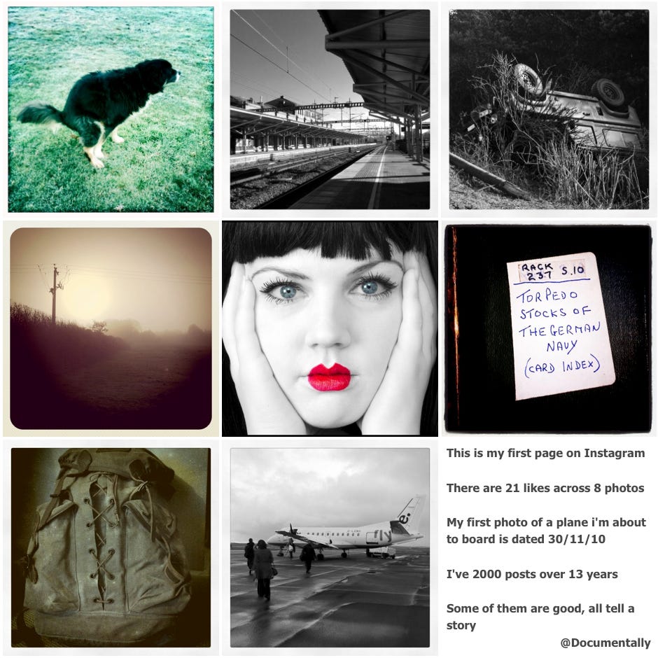 A montage of eight photos and some text that reads This is my first page on Instagram  There are 21 likes across 8 photos  My first photo of a plane i'm about  to board is dated 30/11/10  I've 2000 posts over 13 years  Some of them are good, all tell a story  @Documentally